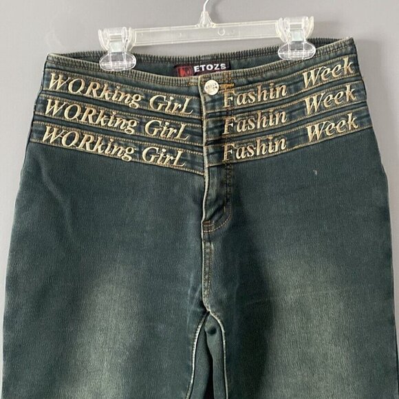 Rare Y2K Flare Jeans Sz 28 "WORKing Girl" Embroidered Statement Denim - Picture 2 of 14
